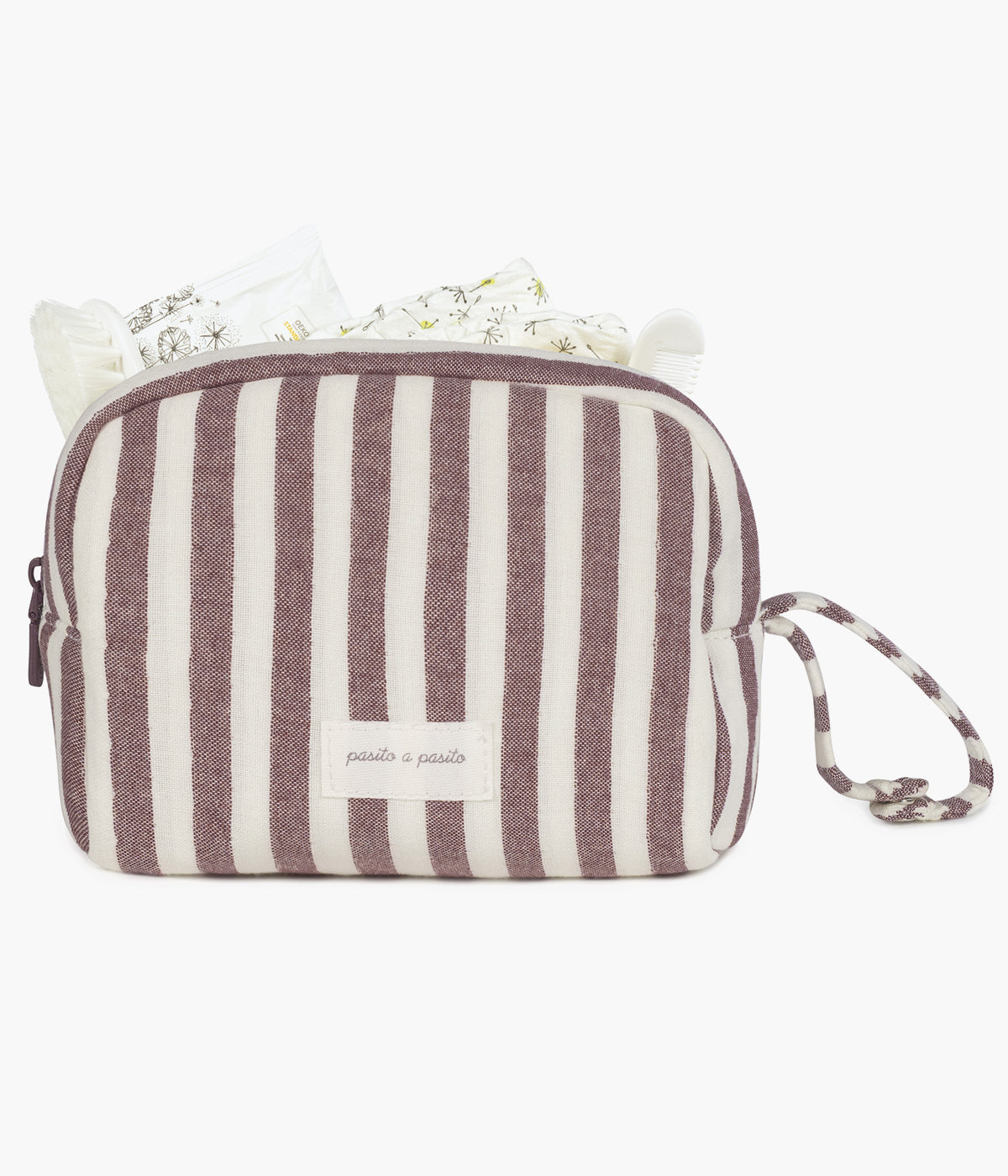 Necessaire Cherry Strips da Pasito a Pasito com produtos de bebé.