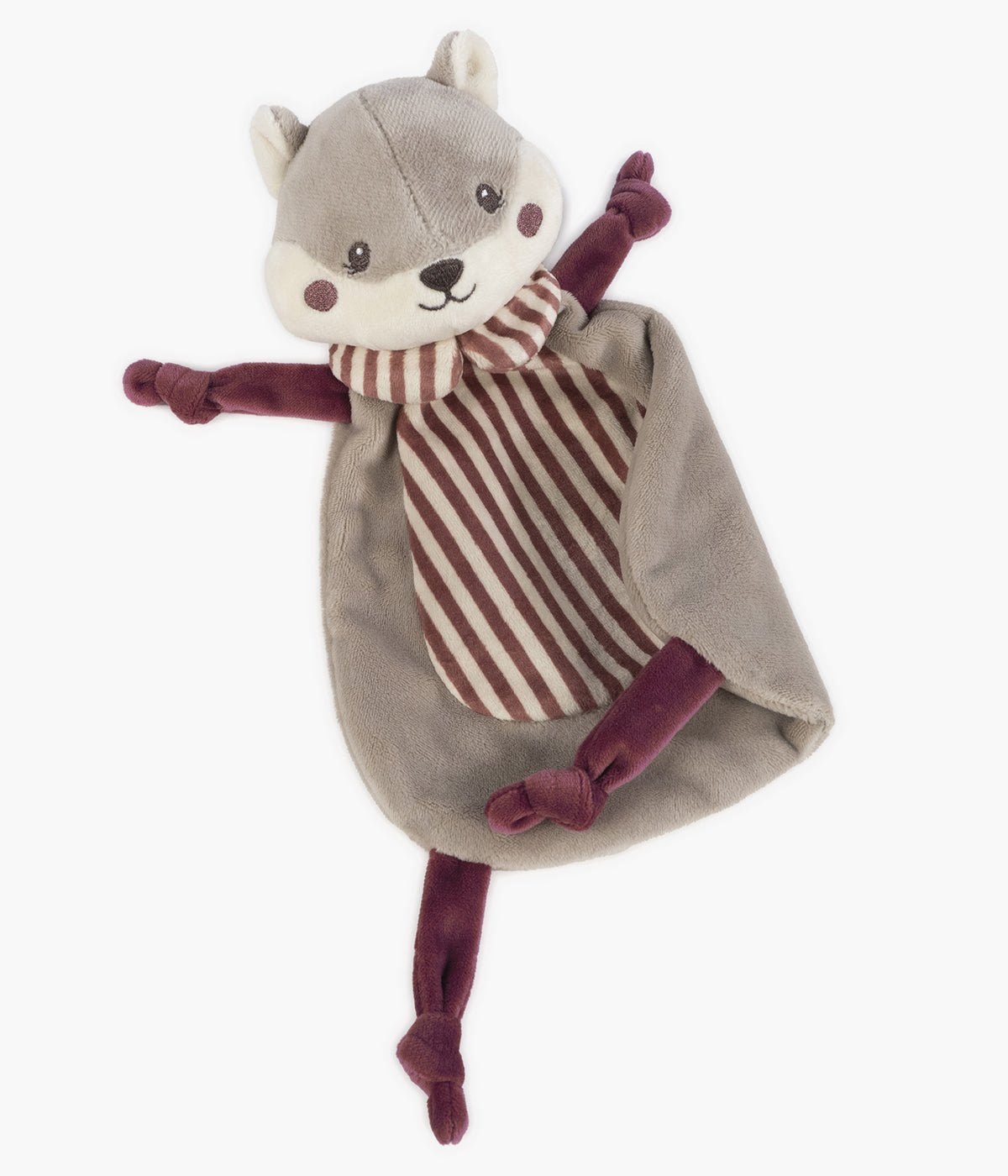 Doudou Pasito a Pasito Cherry Strips em forma de esquilo para bebé e recém-nascido(a). Perfeita combinação de veludo com detalhes às riscas e peluche extra macio, proporcionando uma textura delicada ao toque, ideal para acalmar, reconfortar e estimular o sentido do tato desde o nascimento.