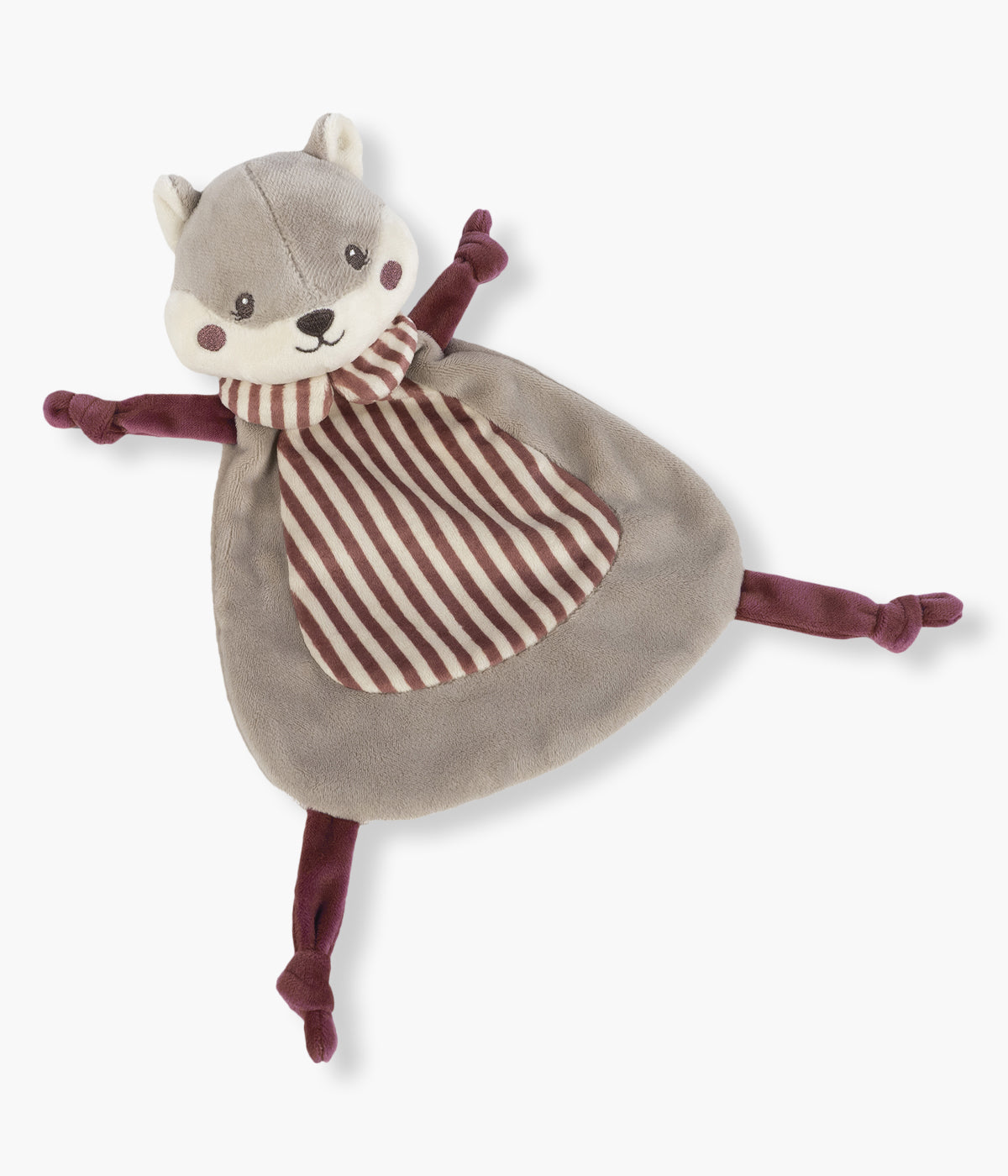 Doudou Pasito a Pasito Cherry Strips em forma de esquilo para bebé e recém-nascido(a). Perfeita combinação de veludo com detalhes às riscas e peluche extra macio, proporcionando uma textura delicada ao toque, ideal para acalmar, reconfortar e estimular o sentido do tato desde o nascimento.