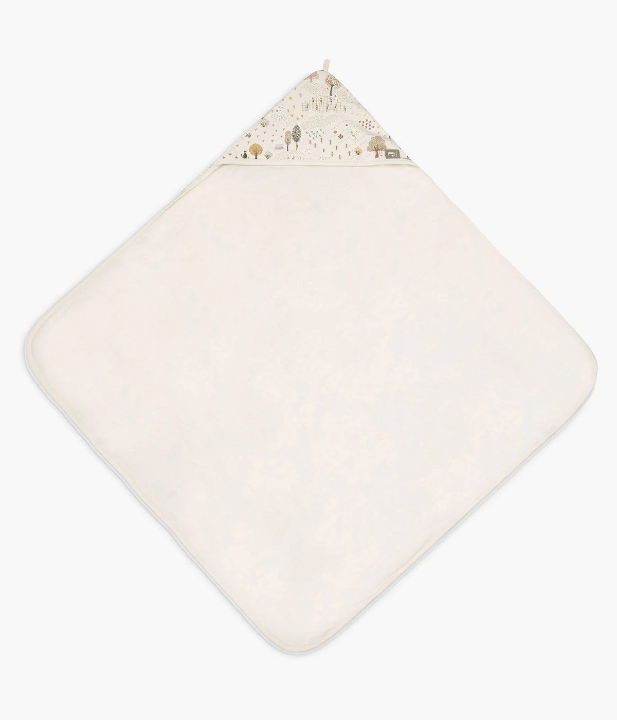 Toalha de banho em algodão para bebé e recém-nascido(a) coleção Tiny Park da Jollein. Tecido de algodão turco muito absorvente de cor pérola e exterior com padrão animais e árvores. Carapuço no canto.