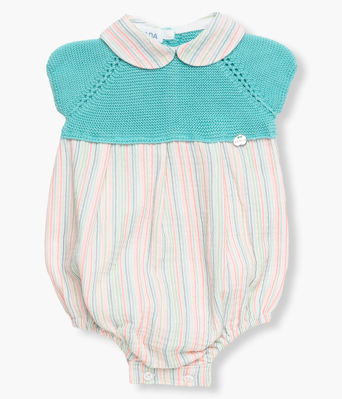 Vista de frente do fofo em malha e algodão verde-água da Juliana para bebé e recém‑nascido(a). Parte superior em malha verde-água com gola às riscas coloridas laranja, verde, azul e branco. Parte inferior a combinar com a gola.