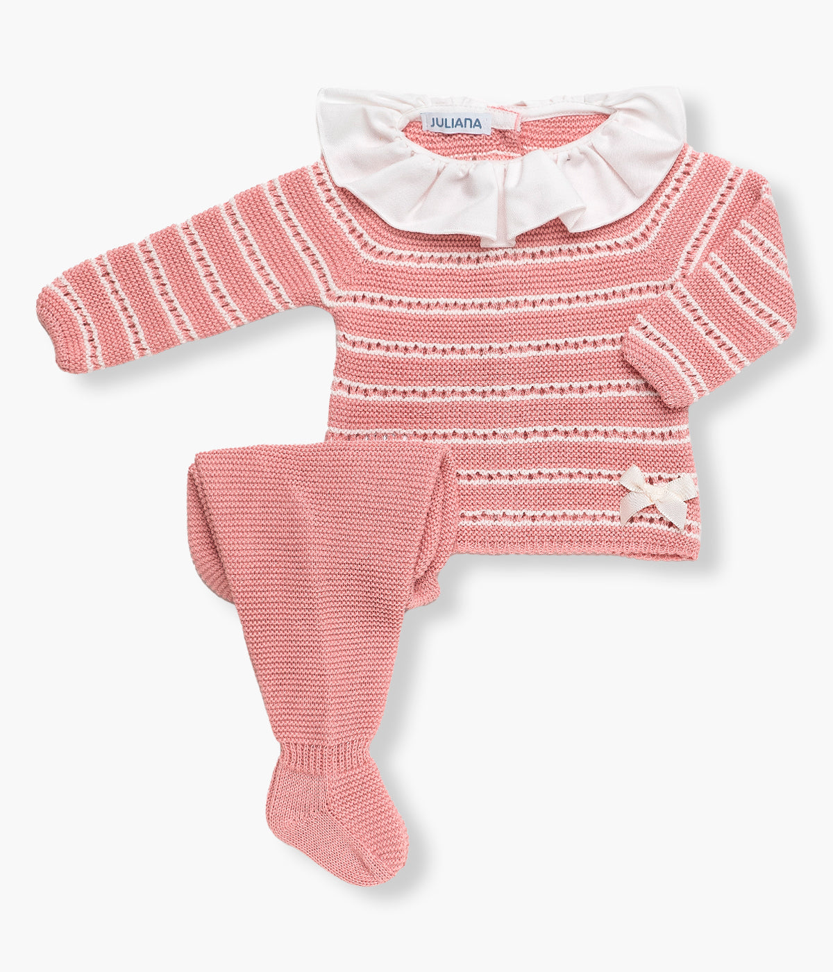 Viosta de frente conjunto 2pc malha rosa velho da Juliana para bebé menina. Camisola gola folho e detalhes perfurados. Calças com pés lisas a combinar.