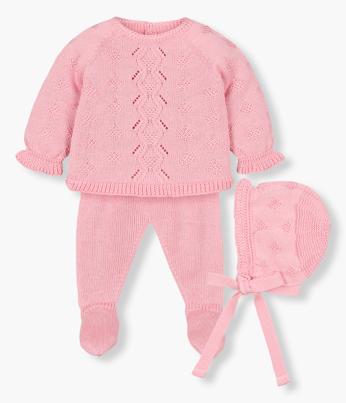 Conjunto de 3 peças em malha cor-de-rosa da Mac Ilusión composto por camisola, calças e touca para bebé menina e recém-nascida. Camisola e touca com detalhes perfurados a combinar. Calças com pés.