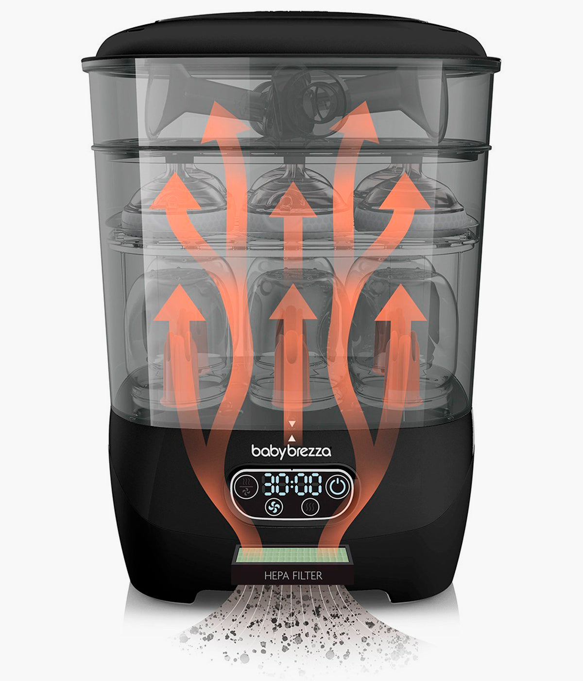 Esterilizador e Secador Biberões Baby Brezza One Step Advanced a exemplificar o filtro de ar HEPA em ação.