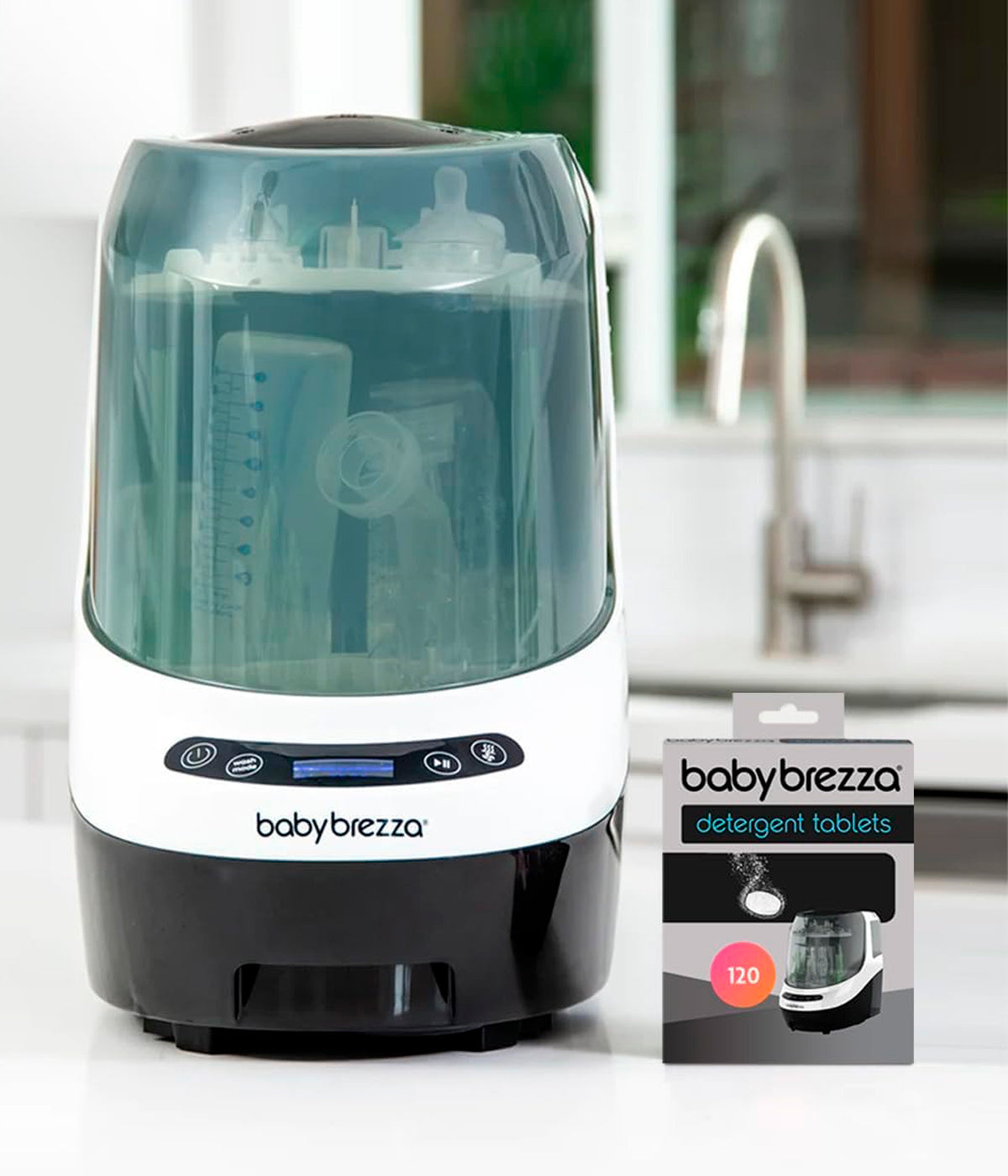Pastilhas de Limpeza para Baby Brezza Bottle Washer Pro 120un com a maquina lado a lado