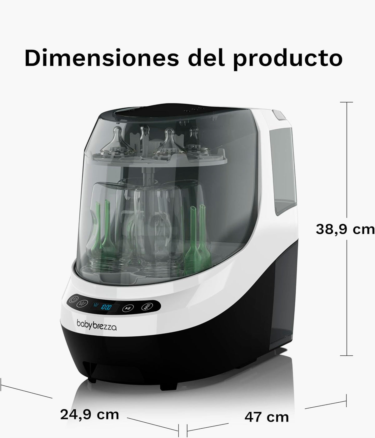 Dimensoes do Lava, Esteriliza e Seca Biberões Baby Brezza Bottle Washer Pro