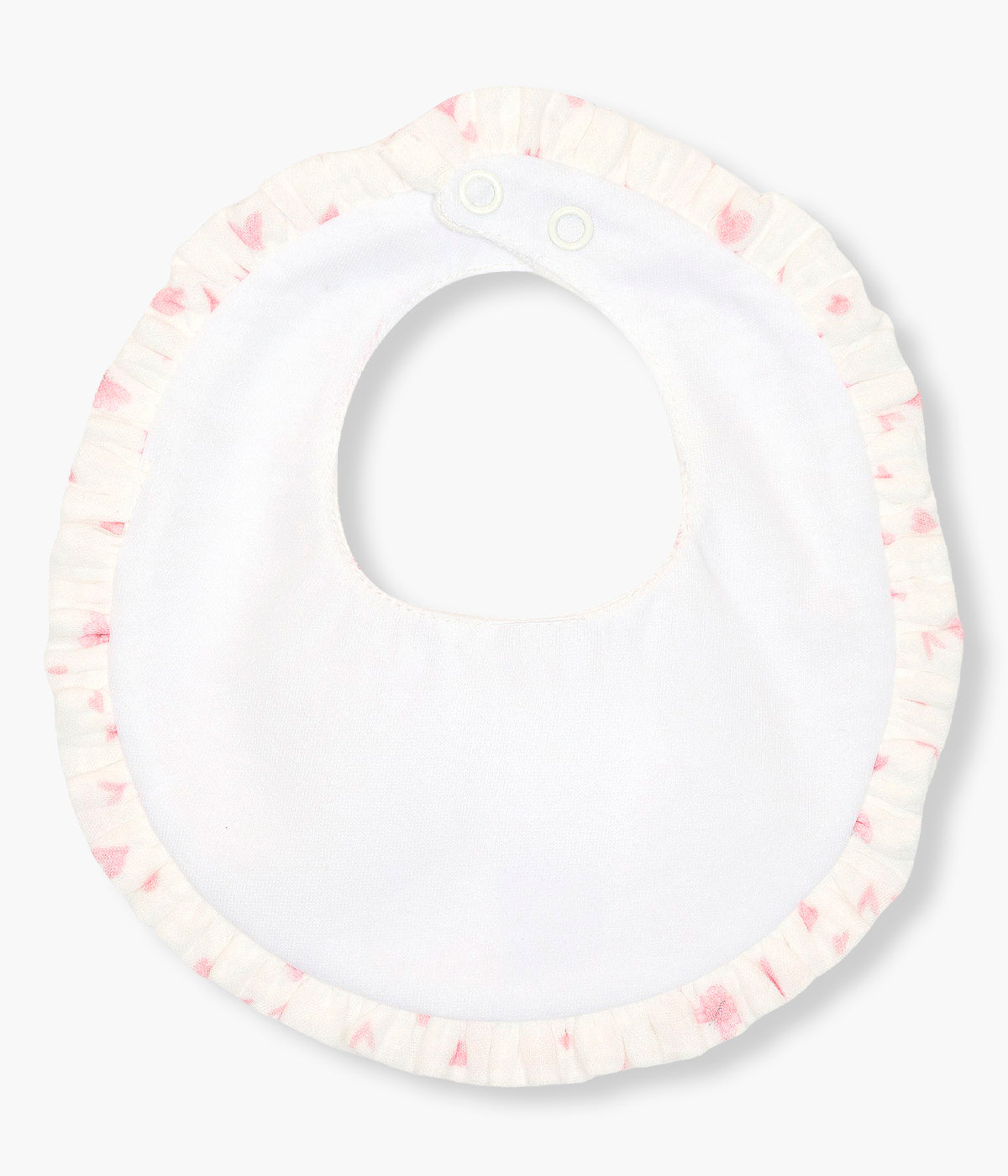 Vista de trás da babete impermeável pérola da Baby Gi para bebé menina e recém-nascida, 100% algodão. Elegante babete de formato redondo com padrão corações rosa e pequeno folho a toda a volta.