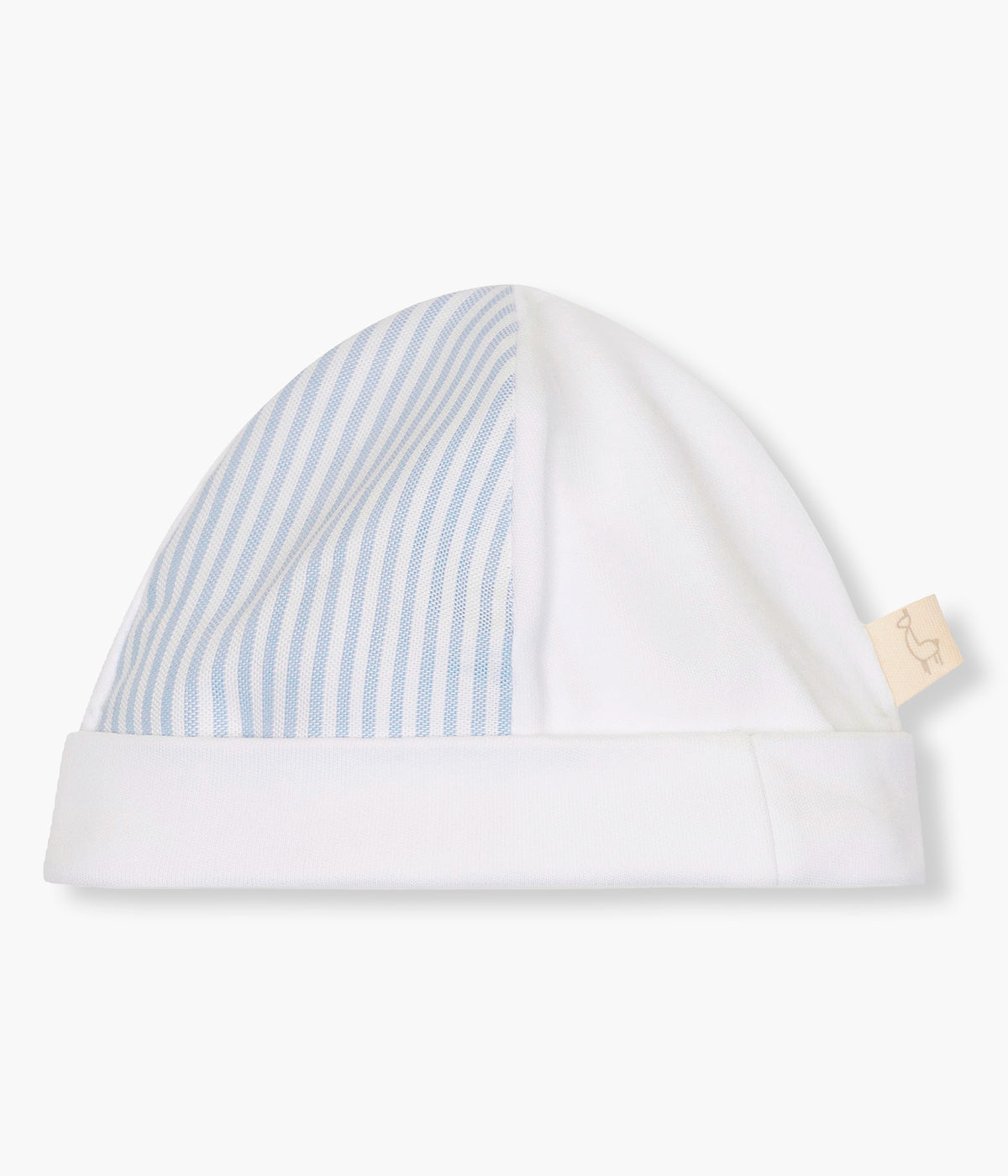 Gorro duplo em algodão branco da Baby Gi para bebé menino e recém-nascido, 100% algodão. Suave gorro com lateral com riscas azuis, dobra a toda a volta e interior sem costuras.