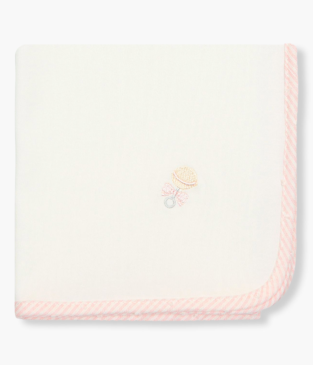 Viista de frente fralda branca da Baby Gi para bebé menina e recém-nascida, 100% algodão. Delicada fralda com guizo bordado no canto e rebordo com riscas rosa.