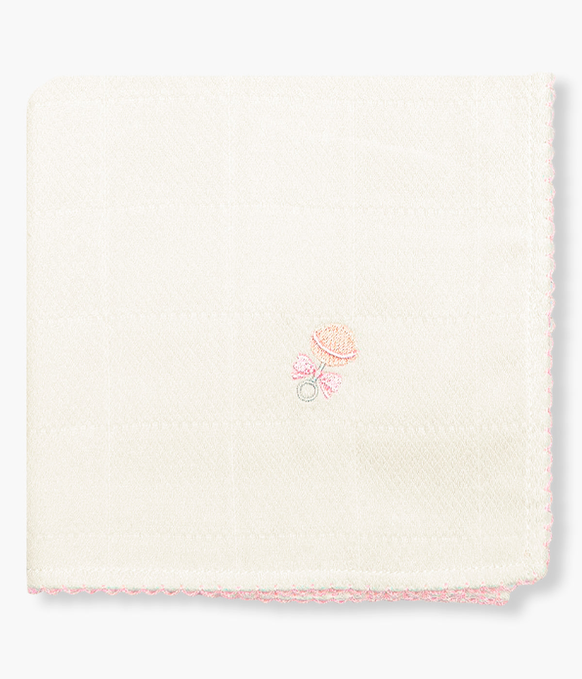 Fralda musselina pérola da Baby Gi para bebé menina e recém-nascida, 100% algodão. Delicada musselina com guizo bordado no canto e picueta rosa a toda a volta.