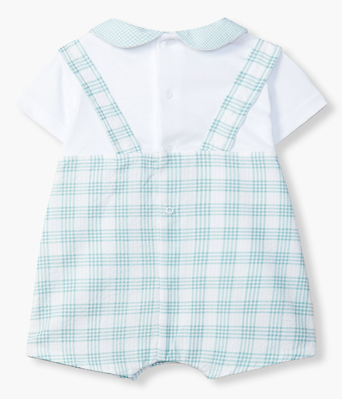 Vista de costas do fofo da Laranjinha para bebé menino e recém-nascido, 100% algodão. Peça única com aparência de duas com gola redonda cortada, parte inferior, bolsos e alças decorativas com padrão xadrez verde.