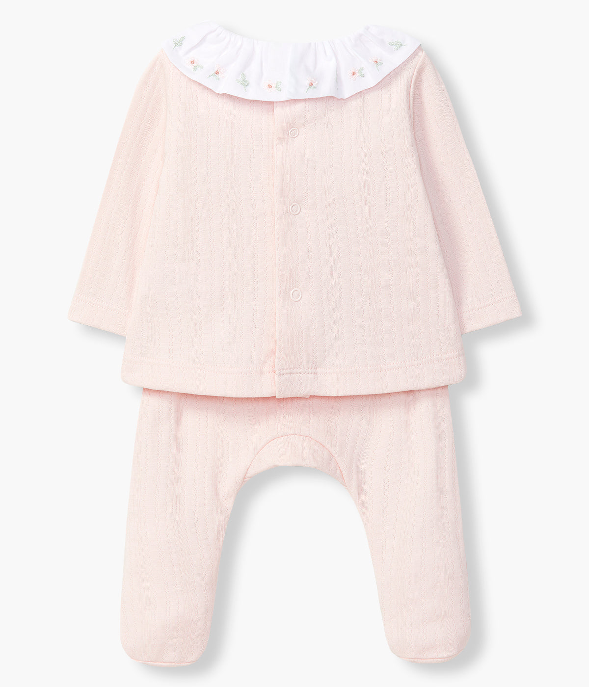 Vista de costas do conjunto em algodão orgânico composto por camisola e calças da Laranjinha para bebé menina e recém-nascida. Camisola de manga comprida com gola folho branca com flores bordadas e pequenos detalhes na malha. Calças com pés com malha a combinar com a camisola.