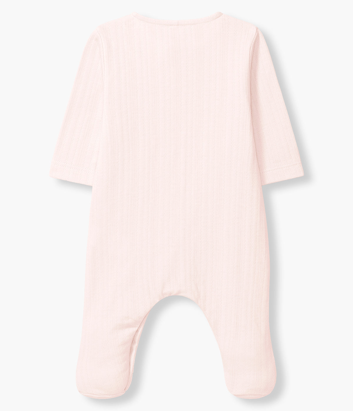 Vista de costas do babygrow em algodão orgânico rosa da Laranjinha para bebé menina e recém-nascida. Abertura na frente com faixa branca com pequenas flores bordadas e detalhes na malha.