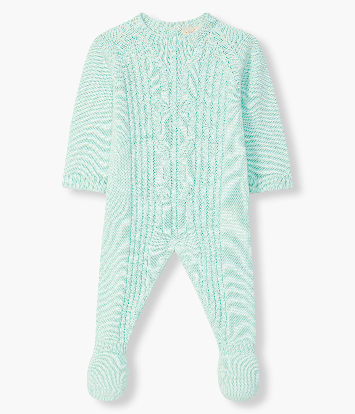 Vista de frente do babygrow em malha de algodão orgânico verde-água da Wedoble para bebé e recém-nascido(a). Suave e delicada malha com detalhes entrelaçados na frente. Abertura nas costas e entrepernas.