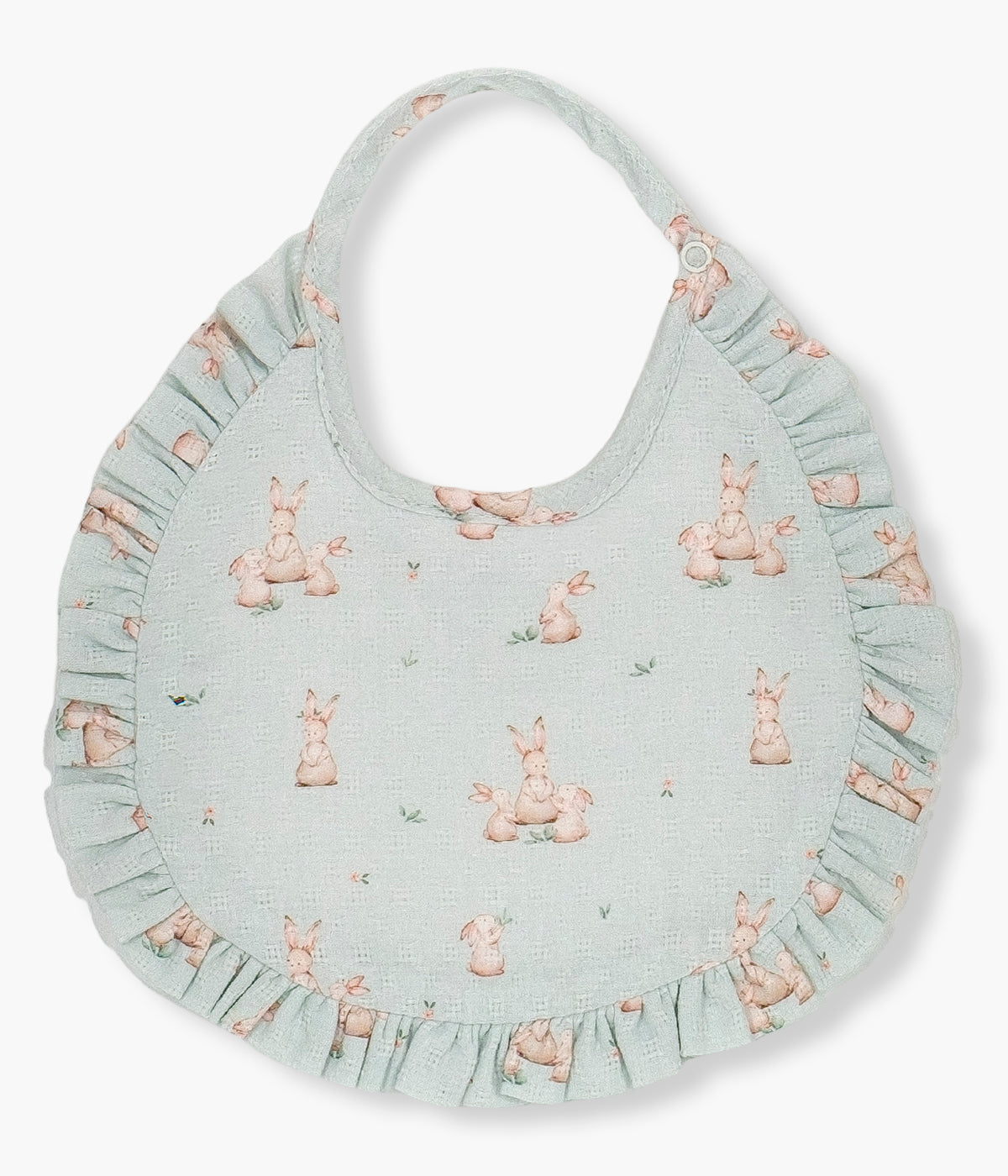 Babete impermeável verde da Mighty Love para bebé menina e recém-nascida, 100% algodão. Elegante babete com padrão coelhos e rebordo com folho.