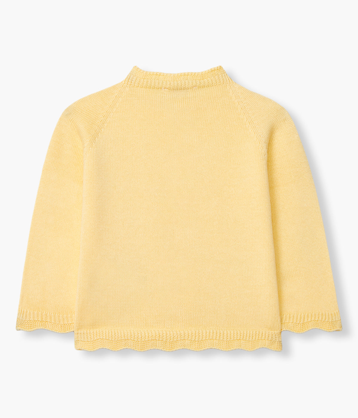 Vista de costas casaco em malha de algodão orgânico amarelo da Wedoble para bebé e recém-nascido(a). Suave e delicada malha com efeito ondulado nos contornos.