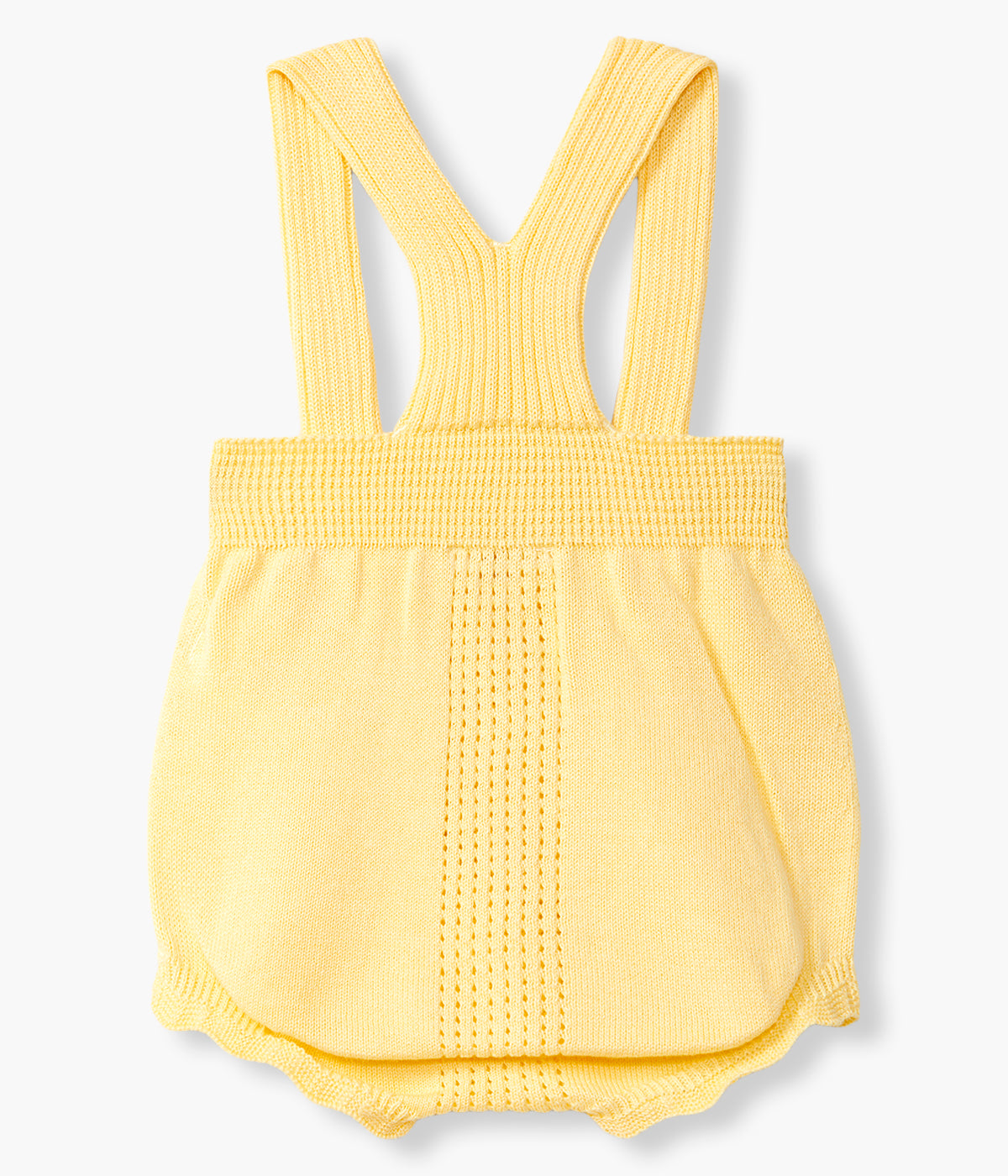 Vista de costas do fofo em malha de algodão orgânico amarelo da Wedoble para bebé e recém-nascido(a). Delicado fofo de alças com folho na frente e detalhes perfurados.