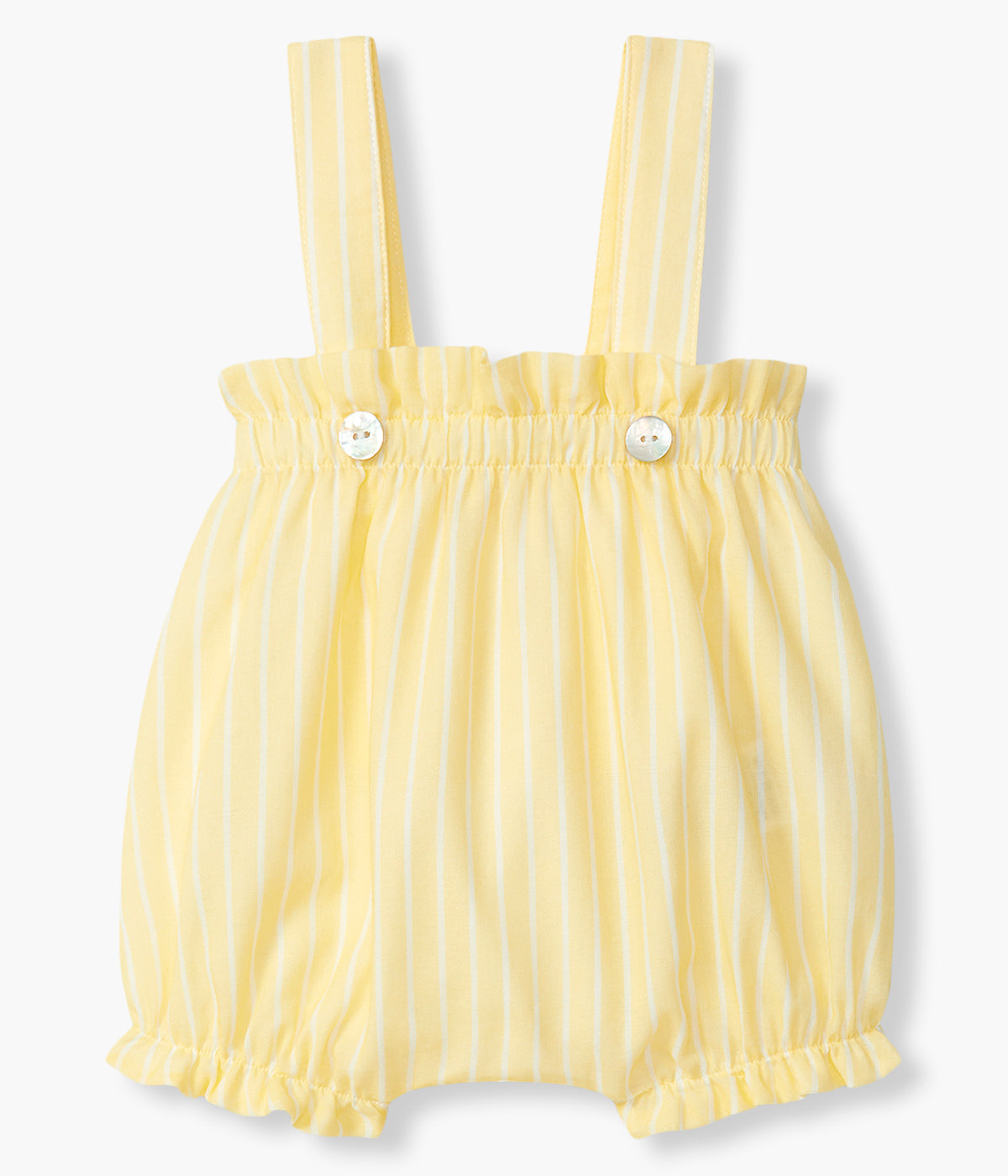 Vista de frente do fofo em algodão da Wedoble para bebé e recém-nascido(a). Elegante fofo de alças amarelo com finas riscas brancas e pequeno folho nos contornos. Abertura nas alças com botões madrepérola.