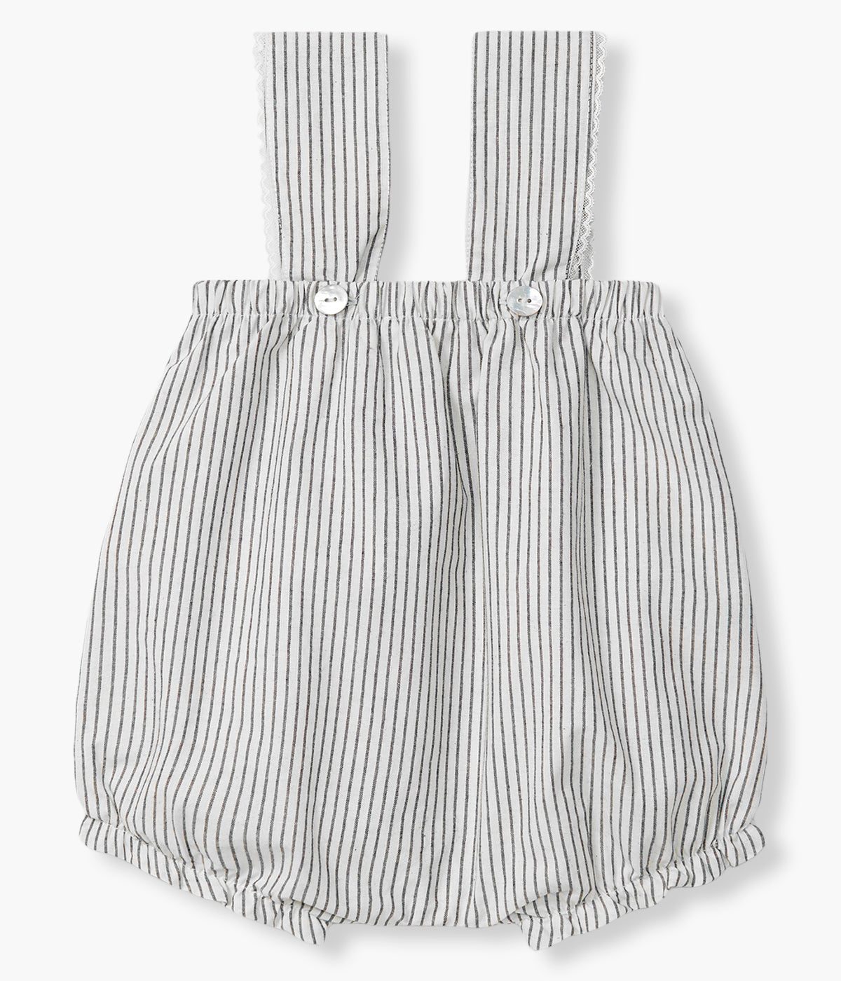 Fofo em algodão da Wedoble para bebé menina e recém-nascida. Elegante fofo de alças branco com riscas azuis e pormenor de renda nas alças.