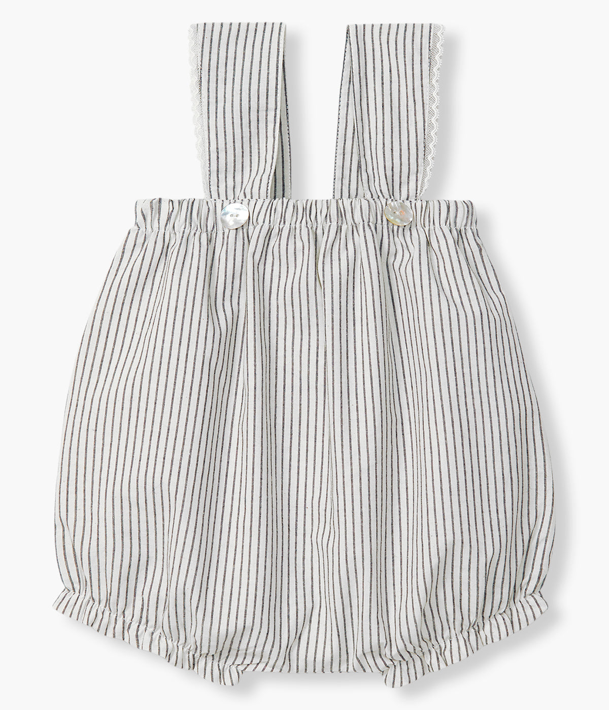 Fofo em algodão da Wedoble para bebé menina e recém-nascida. Elegante fofo de alças branco com riscas azuis e pormenor de renda nas alças.