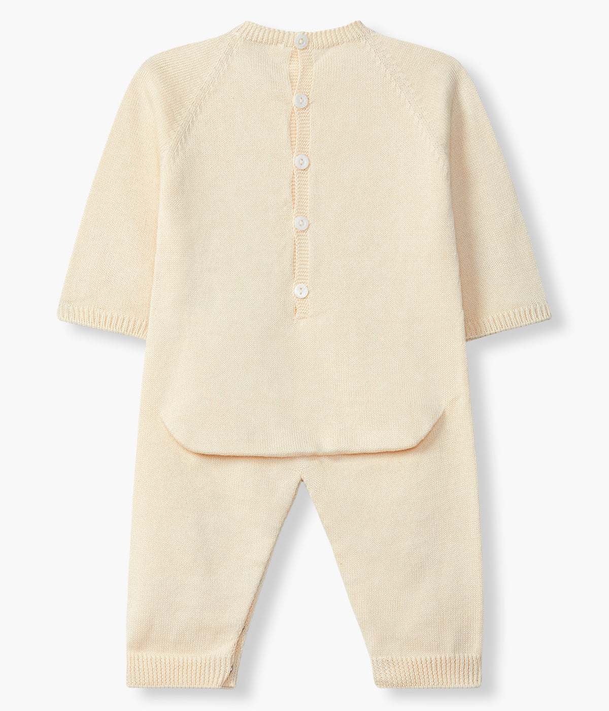 Vista de costas do babygrow em malha de algodão orgânico bege sem pés da Wedoble para bebé e recém-nascido(a). Delicada malha com detalhes perfurados. Aberturas nas costas e entrepernas.