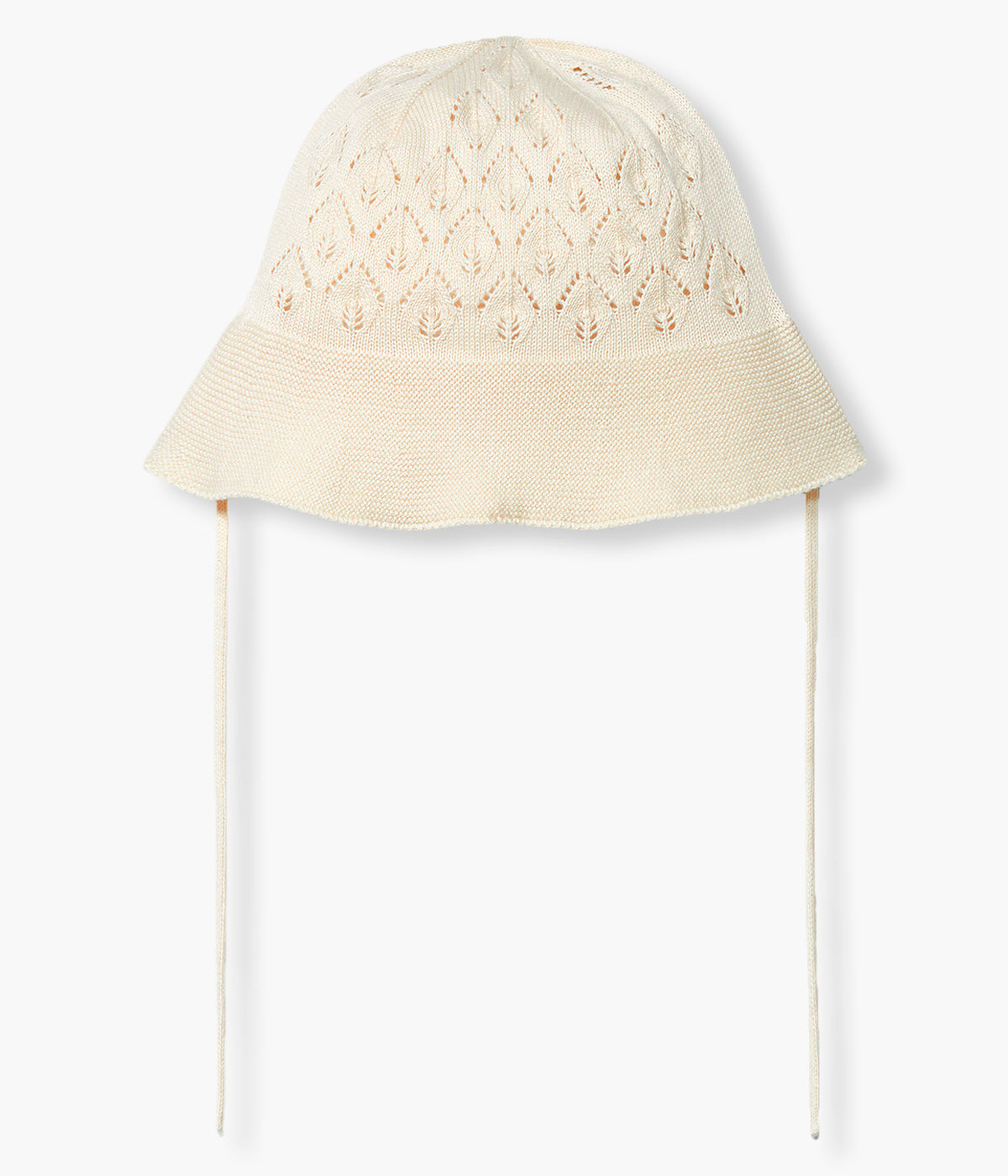 Chapéu em malha de algodão orgânico bege sem costuras no interior da Wedoble para bebé e recém-nascido(a). Malha suave com detalhes perfurados. Tiras para atar no queixo.