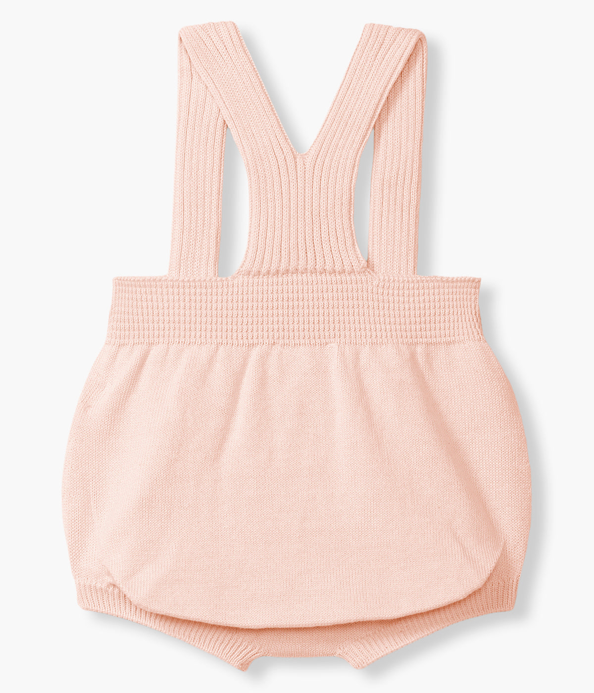 Vista de costas do fofo em malha de algodão orgânico rosa da Wedoble para bebé menina e recém-nascida. Delicado fofo de alças com detalhes perfurados. Abertura nas alças.