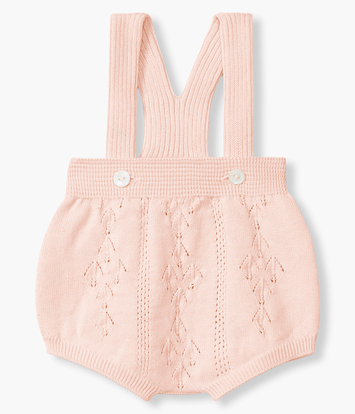 Vista de frente do fofo em malha de algodão orgânico rosa da Wedoble para bebé menina e recém-nascida. Delicado fofo de alças com detalhes perfurados. Abertura nas alças.