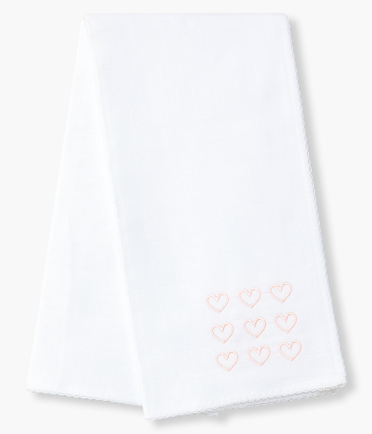 Fralda musselina para bebé menina e recém-nascida, 100% algodão. Delicada musselina com corações bordados em rosa no canto e picueta branca a toda a volta.