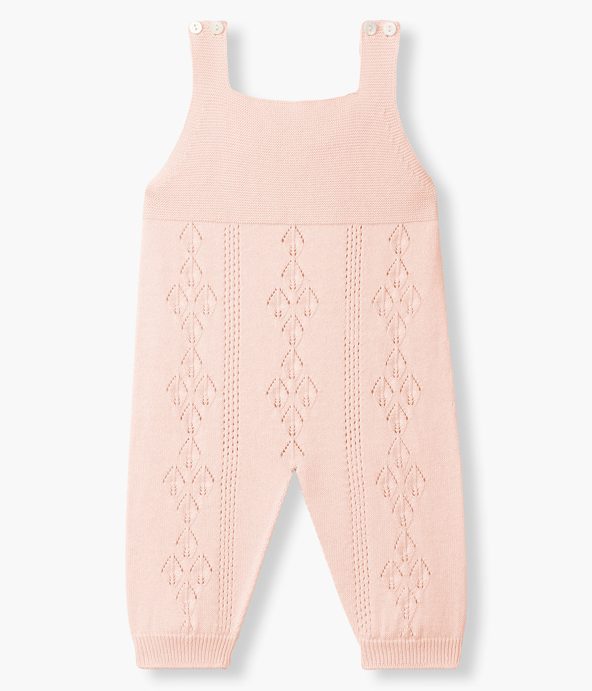 Vista de frente do macacão em malha de algodão orgânico rosa da Wedoble para bebé menina e recém-nascida. Suave e respirável macacão sem pés com abertura nas alças.