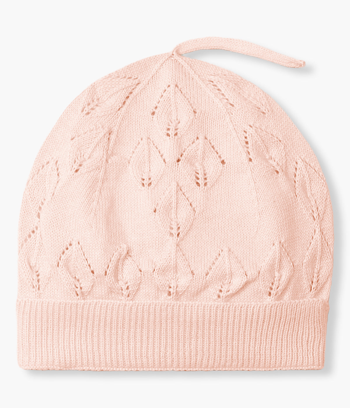 Gorro em malha de algodão orgânico rosa da Wedoble para bebé menina e recém-nascida. Delicado gorro em malha suave com dobra, detalhes perfurados e pormenor no topo.