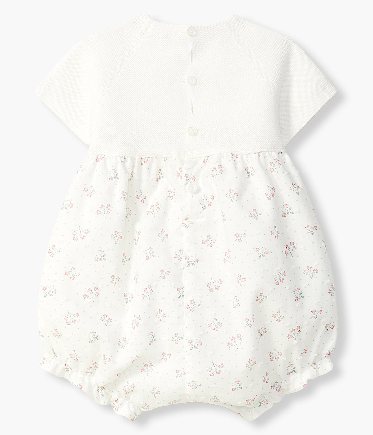 Vista de costas do fofo da Wedoble para bebé menina e recém-nascida. Elegante fofo com parte superior em malha de algodão orgânico pérola e parte inferior em tecido plumeti de algodão efeito balão com padrão floral.