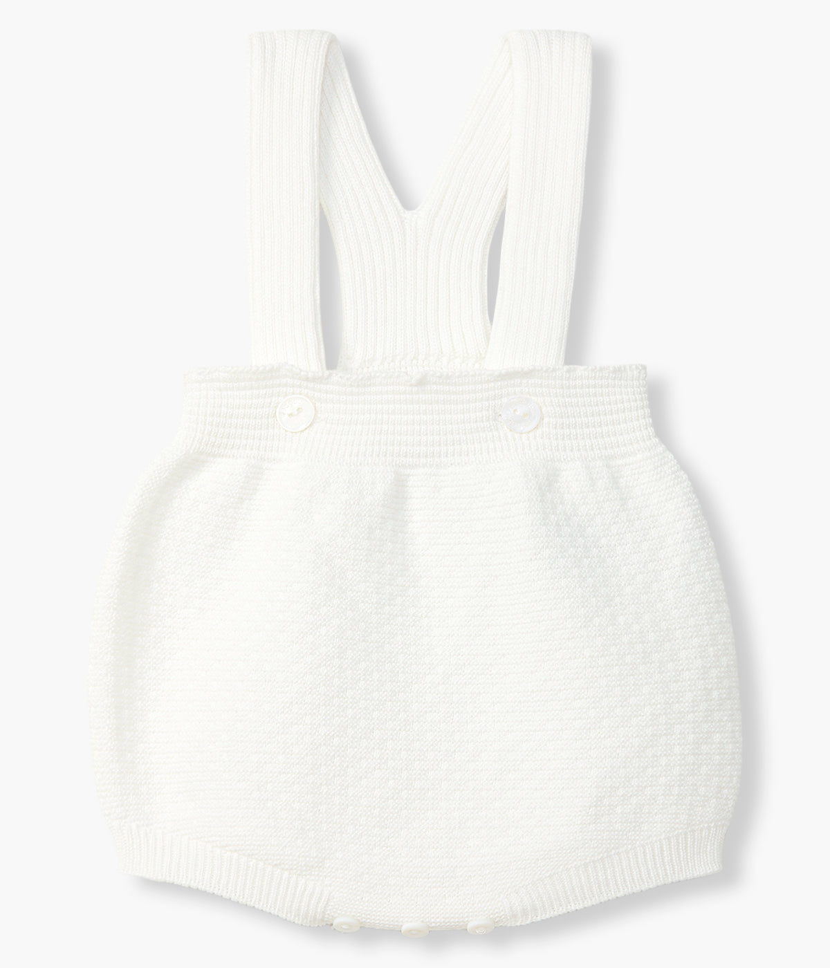 Vista de frente do fofo em malha de algodão orgânico pérola da Wedoble para bebé e recém-nascido(a). Delicado fofo de alças com detalhes na malha. Abertura nas alças e entrepernas.