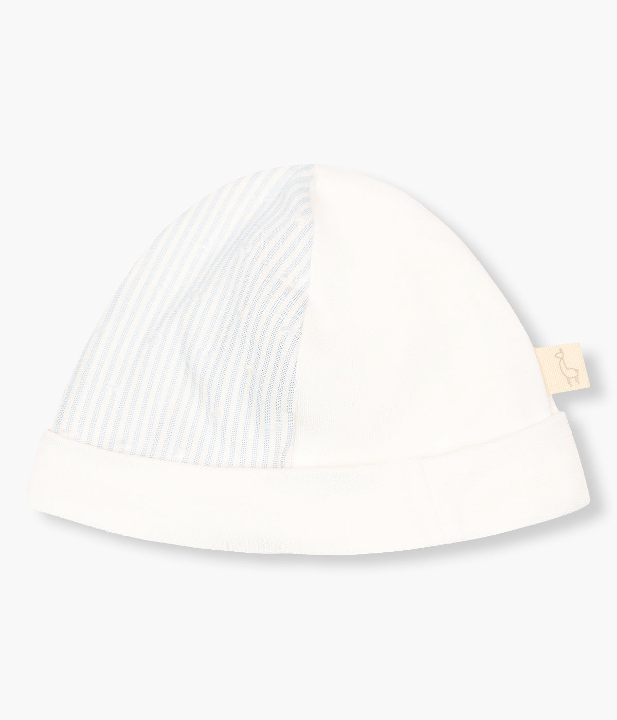 Gorro duplo em algodão pérola da Baby Gi para bebé menino e recém-nascido, 100% algodão. Suave gorro com lateral com riscas azuis, dobra a toda a volta e interior sem costuras.