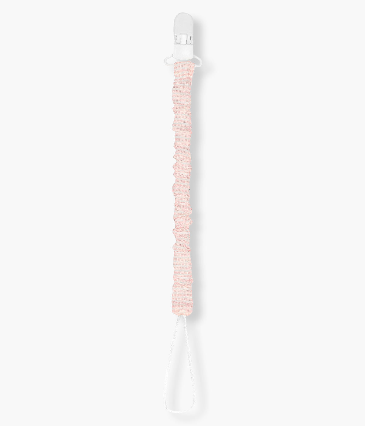 Prende chupetas da Baby Gi para bebé menina e recém-nascida, 100% algodão. Leve e prático prende chupetas pérola com riscas cor-de-rosa. Fita e clip em branco.