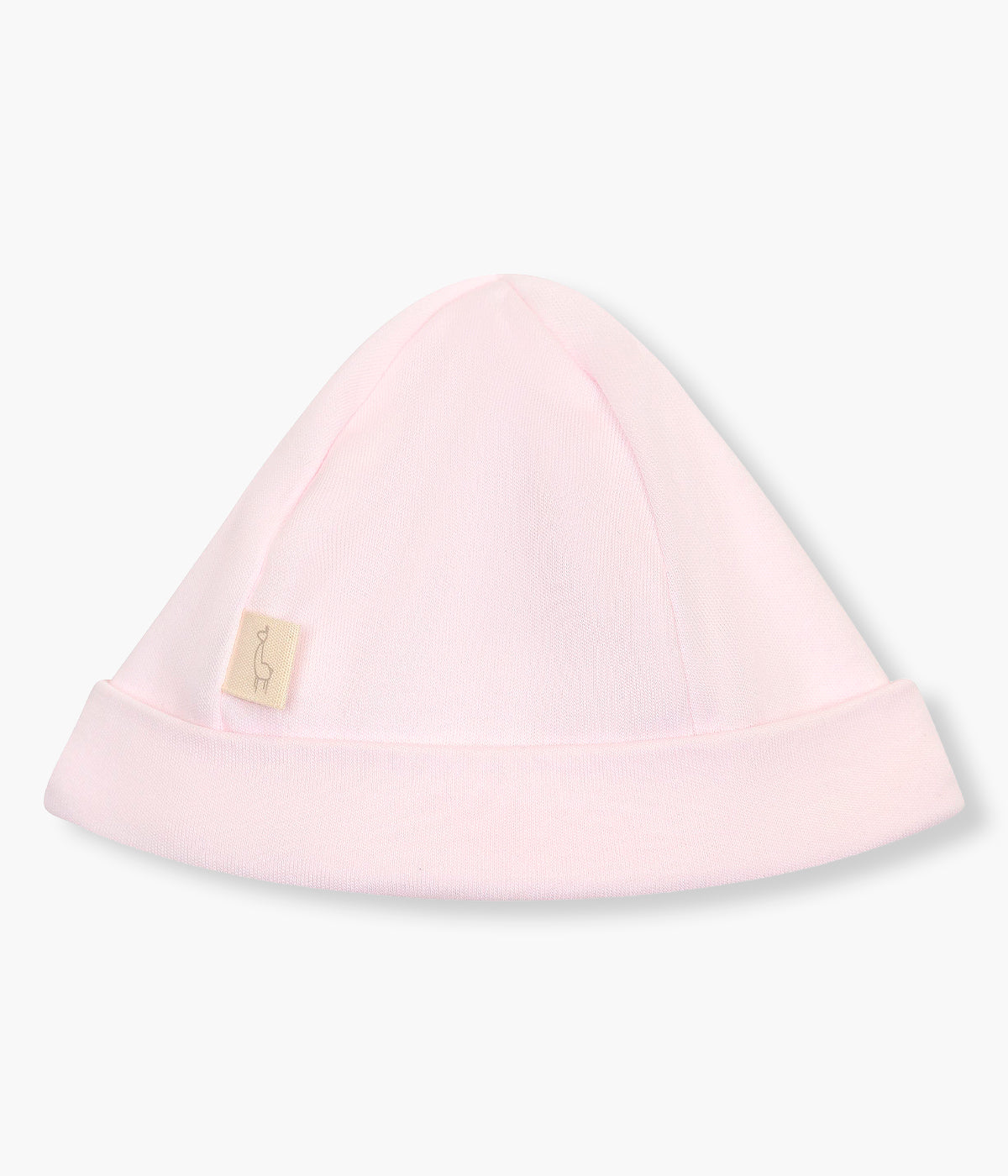 Vista de costas do gorro duplo cor-de-rosa da Baby Gi para bebé menina e recém-nascida, 100% algodão. Suave gorro com cavalo de madeira bordado na frente, dobra a toda a volta e interior sem costuras.