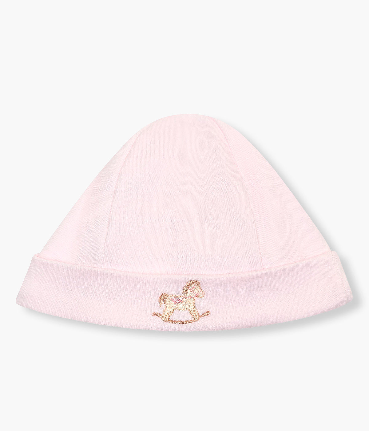 Vista de frente do gorro duplo cor-de-rosa da Baby Gi para bebé menina e recém-nascida, 100% algodão. Suave gorro com cavalo de madeira bordado na frente, dobra a toda a volta e interior sem costuras.