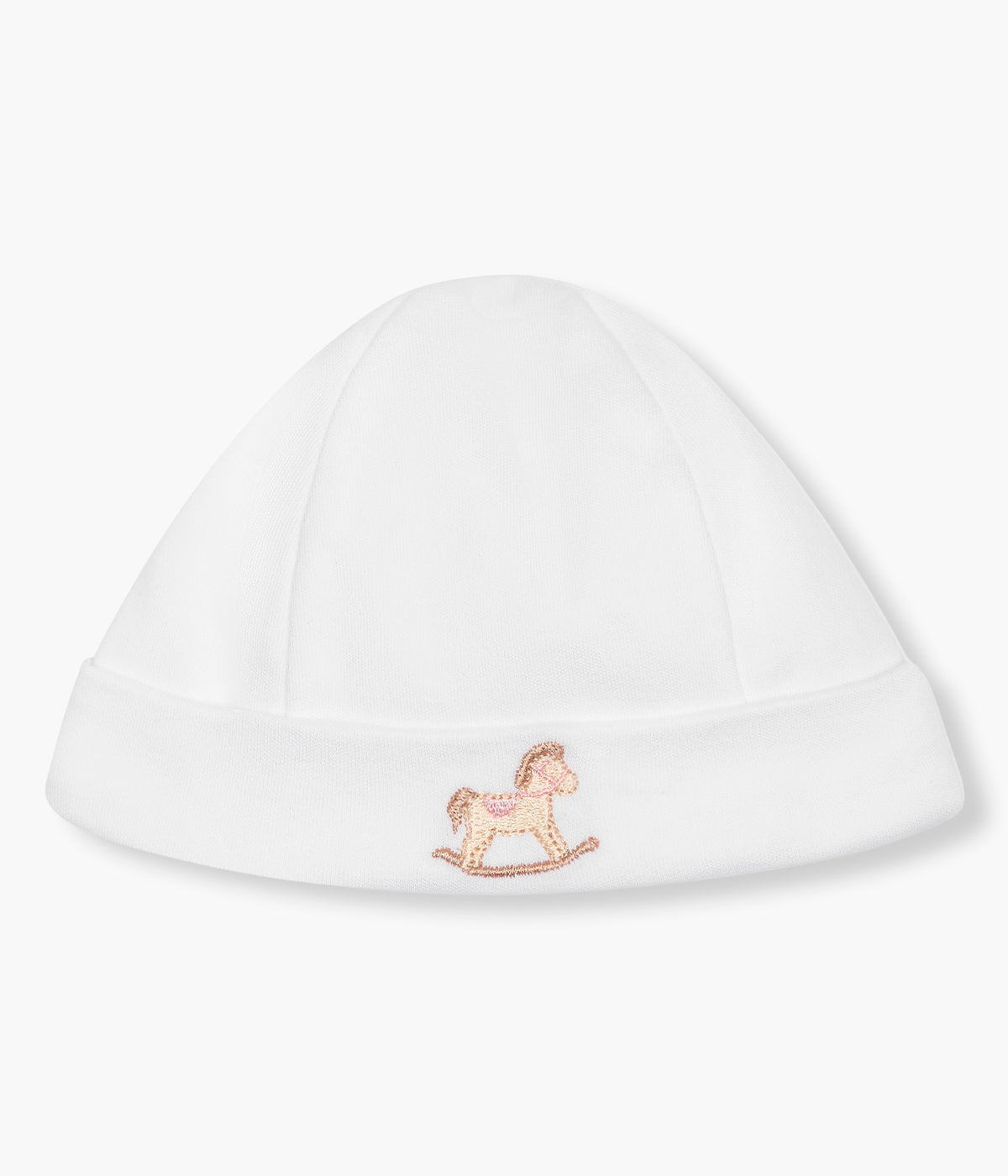 Vista de frente do gorro duplo branco da Baby Gi para bebé menina e recém-nascida, 100% algodão. Suave gorro com cavalo de madeira bordado na frente, dobra a toda a volta e interior sem costuras.