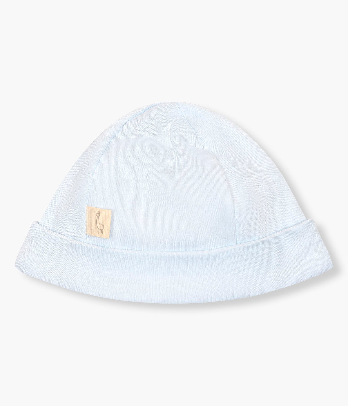 Vista traseira do gorro duplo azul da Baby Gi para bebé menino e recém-nascido, 100% algodão. Suave gorro com cavalo de madeira bordado na frente, dobra a toda a volta e interior sem costuras.