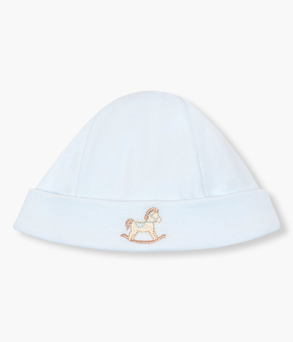 Vista de frente do gorro duplo azul da Baby Gi para bebé menino e recém-nascido, 100% algodão. Suave gorro com cavalo de madeira bordado na frente, dobra a toda a volta e interior sem costuras.