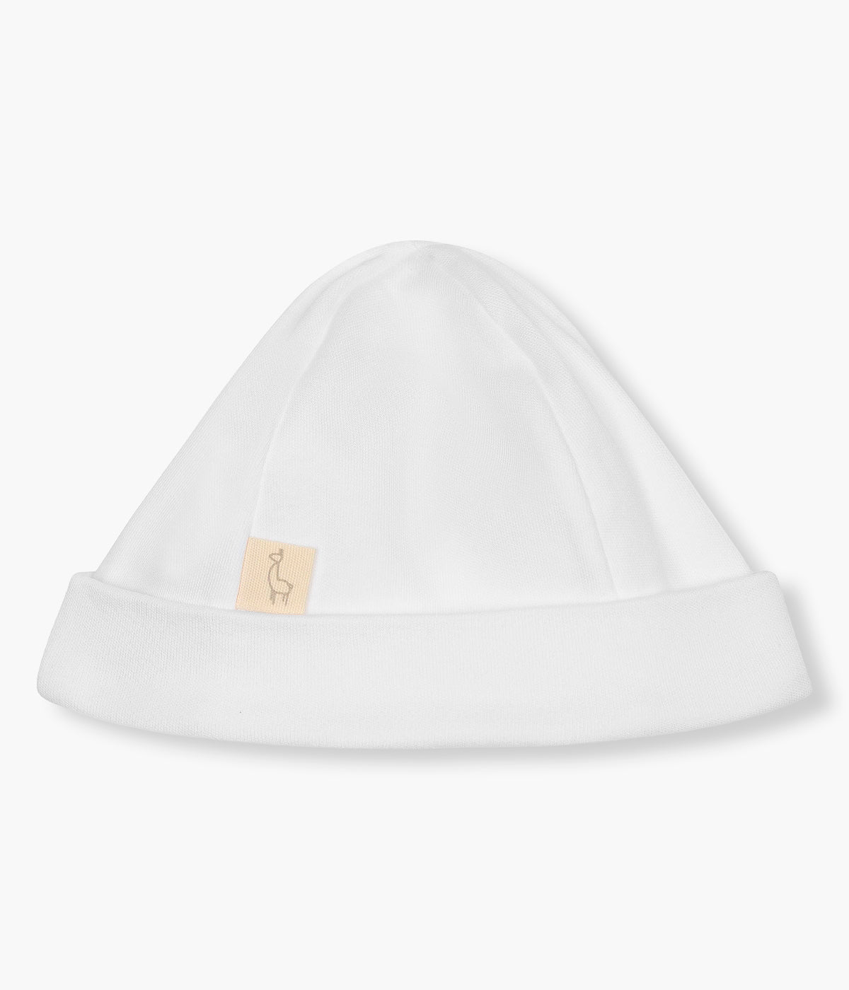 Vista de costas do gorro duplo branco da Baby Gi para bebé menino e recém-nascido, 100% algodão. Suave gorro com cavalo de madeira bordado na frente com pormenores em azul, dobra a toda a volta e interior sem costuras.