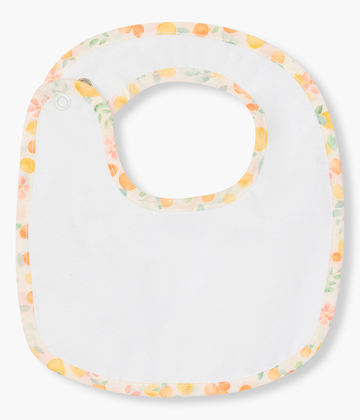 Vista de trás da babete impermeável pérola da Baby Gi para bebé menina e recém-nascida, 100% algodão. Elegante babete de formato quadrado com laço e contornos com padrão frutas coloridas.