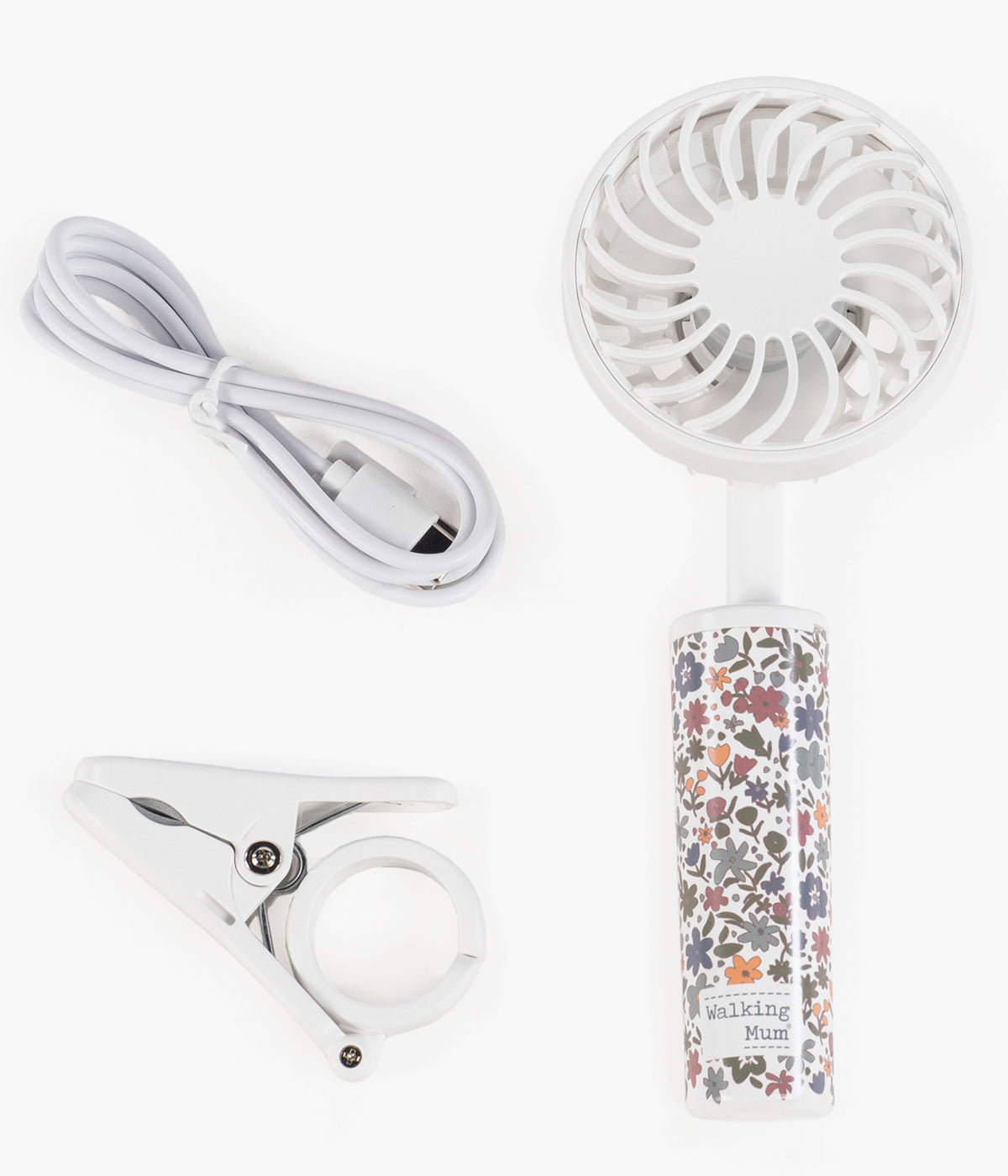 Vista dos componentes da ventoinha portátil para bebé Summer Flowers da Walking Mum. Prático ventilador que ajuda a manter a bebé fresca e confortável nos dias mais quentes. Compacto, leve e com suporte flexível, fixa-se facilmente ao carrinho e oferece 3 velocidades ajustáveis para uma ventilação prática e segura.
