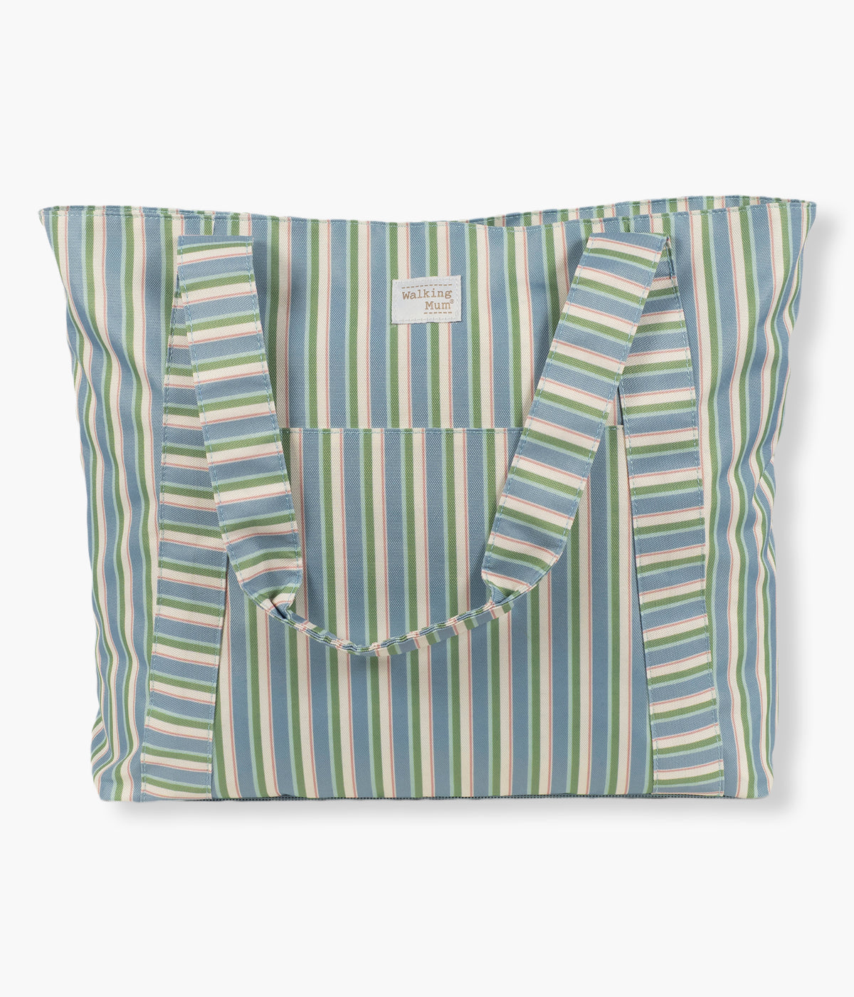 Vista frontal da bolsa da praia Strips da Walking Mum para bebé. Prática bolsa com padrão riscas ideal para os dias de praia, piscina ou passeios em família. Leve e resistente, oferece grande capacidade de arrumação e uma base em rede pensada para evitar a acumulação de areia no interior.