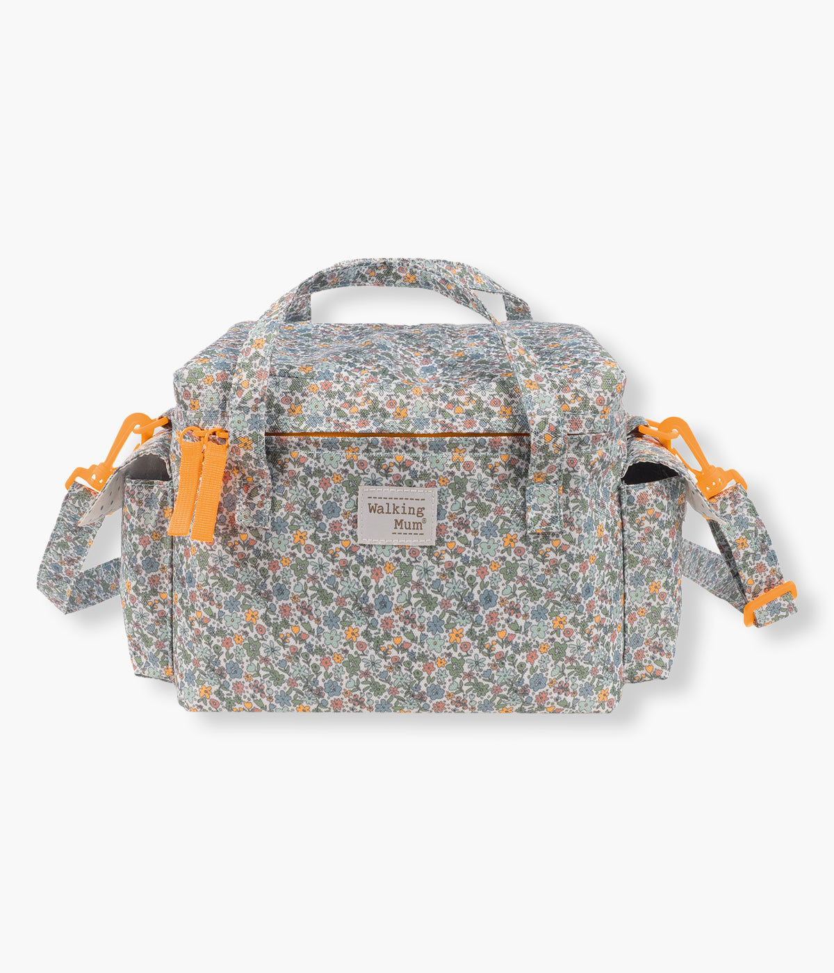 Vista de frente da bolsa térmica Summer Flowers da Walking Mum. Perfeita para manter bebidas, snacks e refeições à temperatura ideal durante passeios, dias de praia ou viagens em família. Compacta, prática e com um padrão floral, esta bolsa combina funcionalidade e estilo num só acessório.