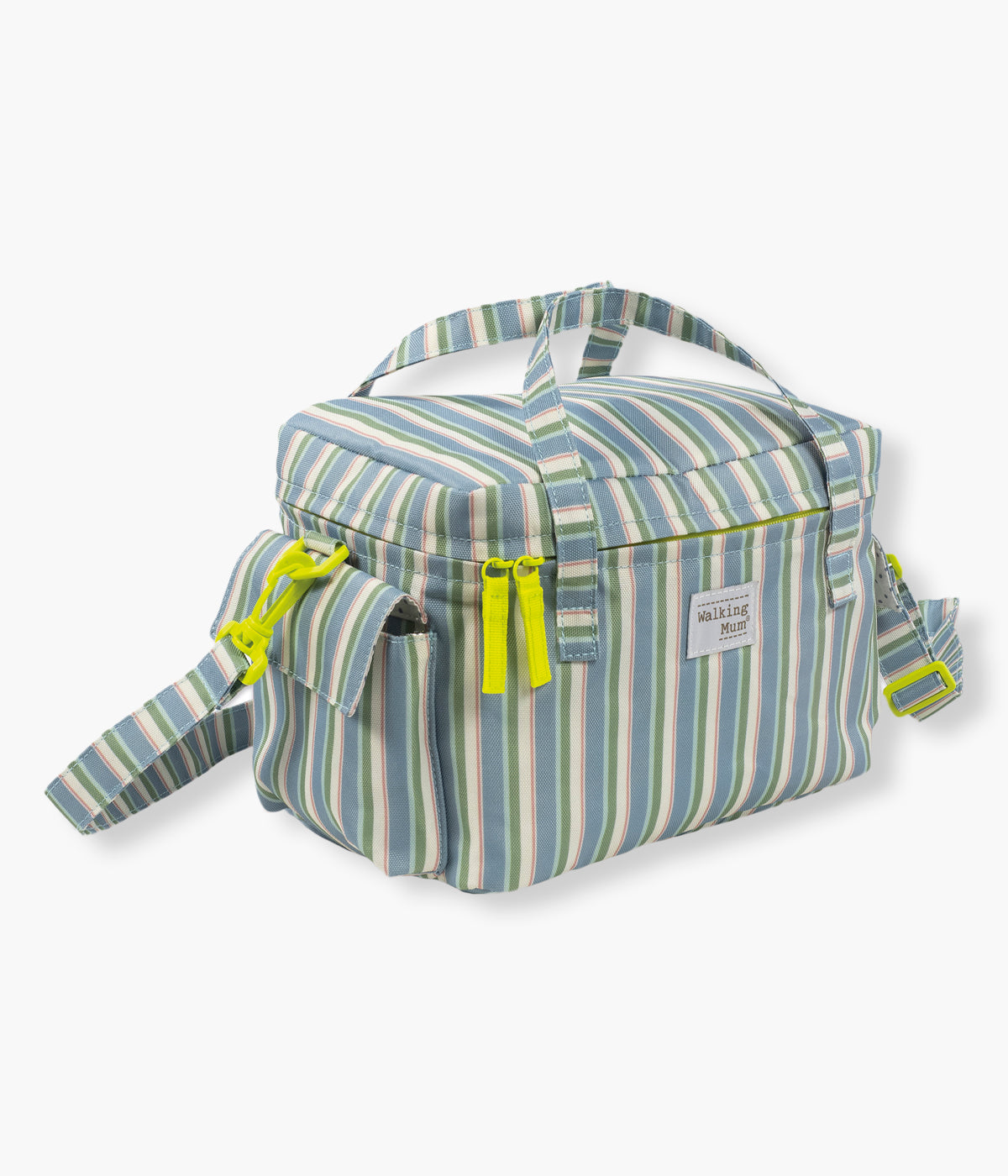 Vista lateral da bolsa térmica Summer Strips da Walking Mum. Perfeita para manter bebidas, snacks e refeições à temperatura ideal durante passeios, dias de praia ou viagens em família. Compacta, prática e com um padrão riscas, esta bolsa combina funcionalidade e estilo num só acessório.