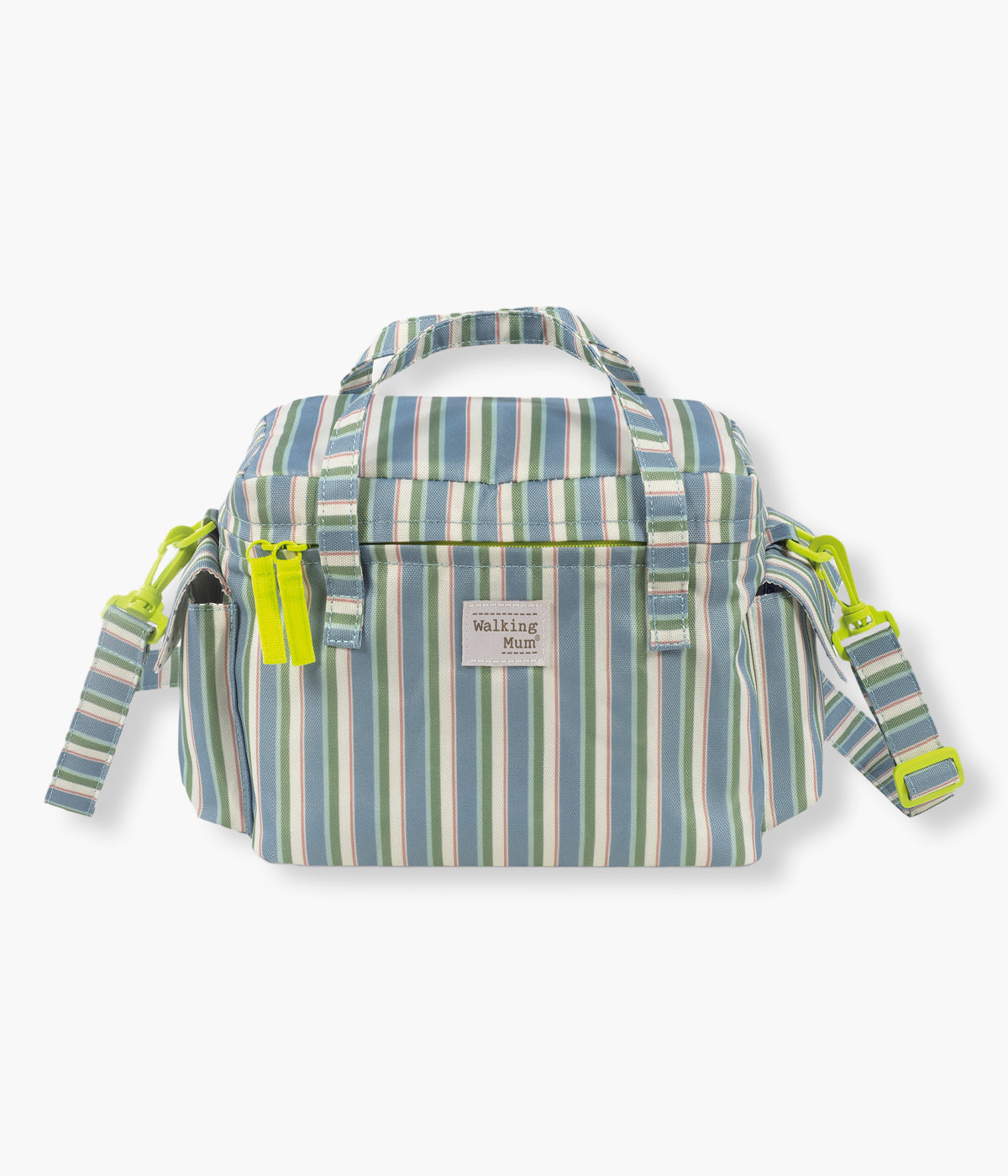 Vista de frente da bolsa térmica Summer Strips da Walking Mum. Perfeita para manter bebidas, snacks e refeições à temperatura ideal durante passeios, dias de praia ou viagens em família. Compacta, prática e com um padrão riscas, esta bolsa combina funcionalidade e estilo num só acessório.