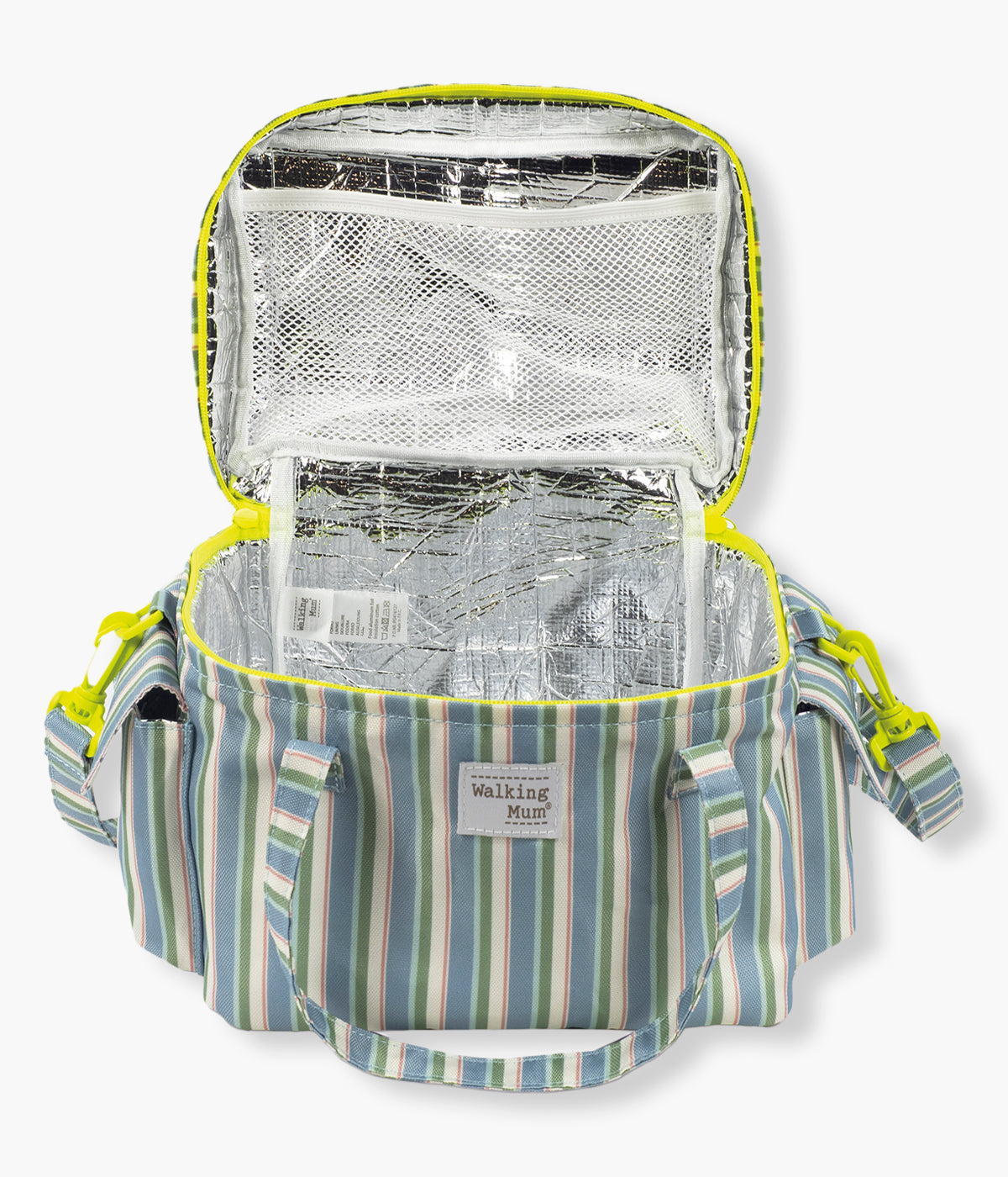 Vista de frente e aberta da bolsa térmica Summer Strips da Walking Mum. Perfeita para manter bebidas, snacks e refeições à temperatura ideal durante passeios, dias de praia ou viagens em família. Compacta, prática e com um padrão riscas, esta bolsa combina funcionalidade e estilo num só acessório.