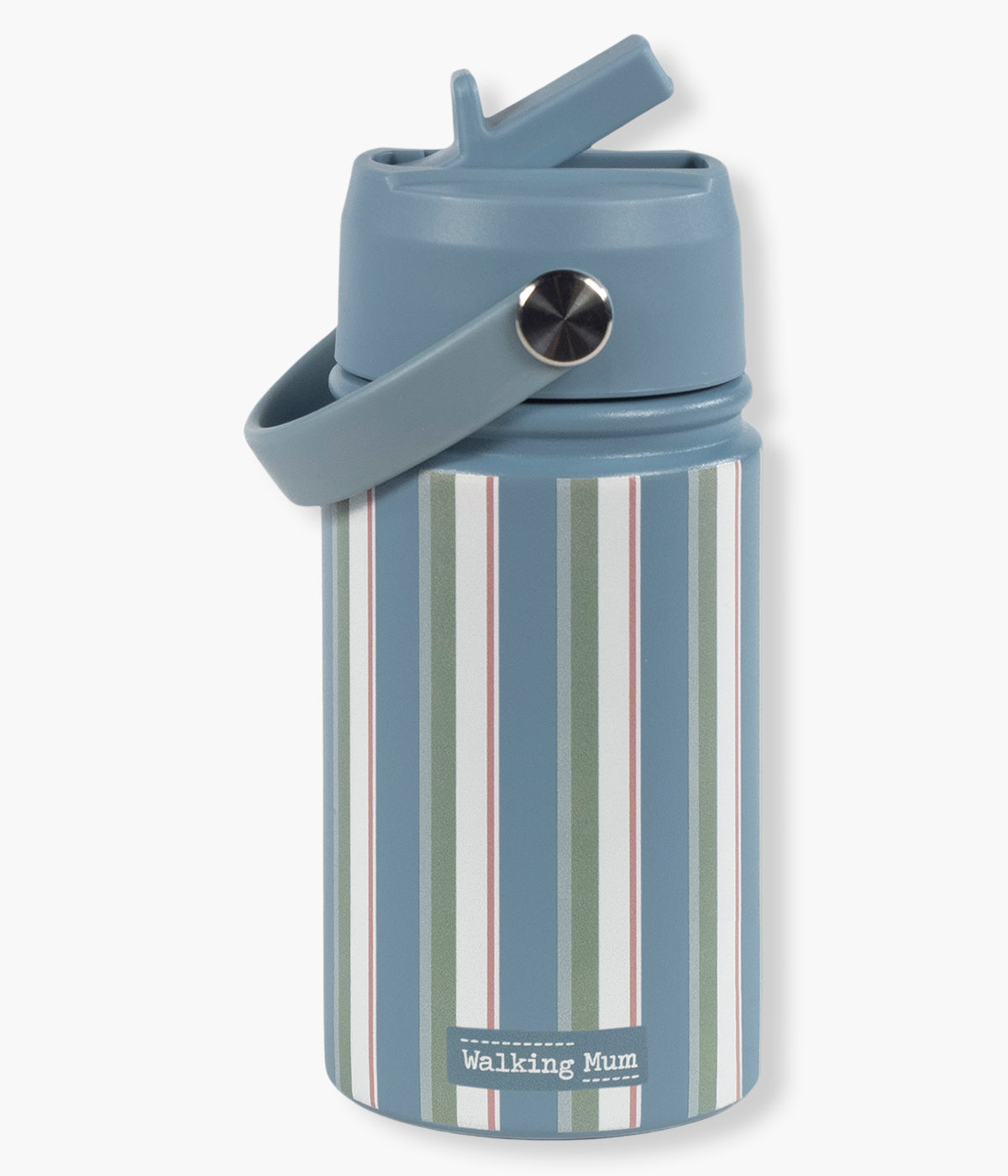 Vista com bocal aberto da garrafa térmica Summer Strips da Walking Mum. Prática garrafa com capacidade para 350ml, perfeita para manter as bebidas do seu bebé à temperatura ideal durante passeios, dias de praia ou aventuras em família. Leve, prática e com um padrão riscas, combina funcionalidade, segurança e estilo.