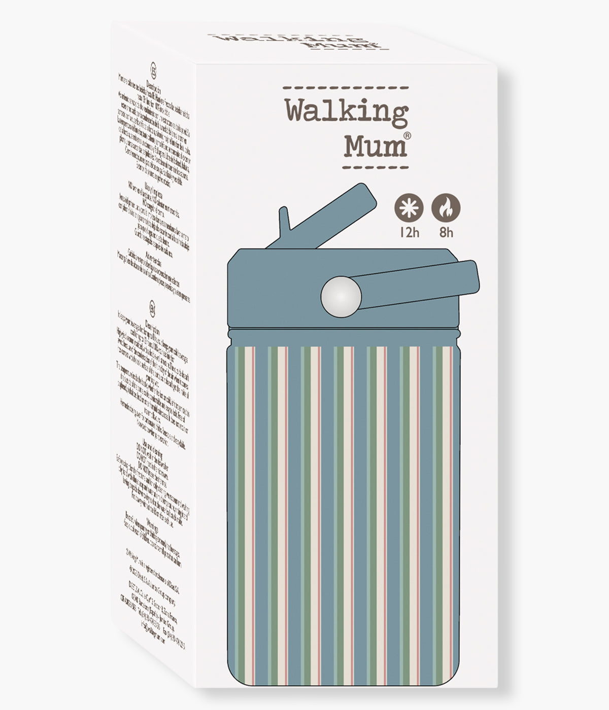 Vista com caixa da garrafa térmica Summer Strips da Walking Mum. Prática garrafa com capacidade para 350ml, perfeita para manter as bebidas do seu bebé à temperatura ideal durante passeios, dias de praia ou aventuras em família. Leve, prática e com um padrão riscas, combina funcionalidade, segurança e estilo.